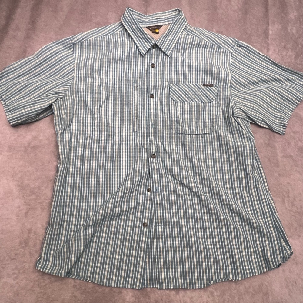 Eddie Bauer Button Down Shirt Mens XL Teal Plaid Excellent Short Sleeve Utility